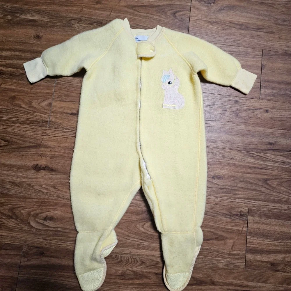 Vintage 70s Bunnywarmer Fleece One Piece Baby Sleeper‎ 12M Pony Patch Retro